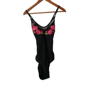 Xhilaration Black One Piece Bathing Suit Rose Embroidery Mesh Insert NWT Large